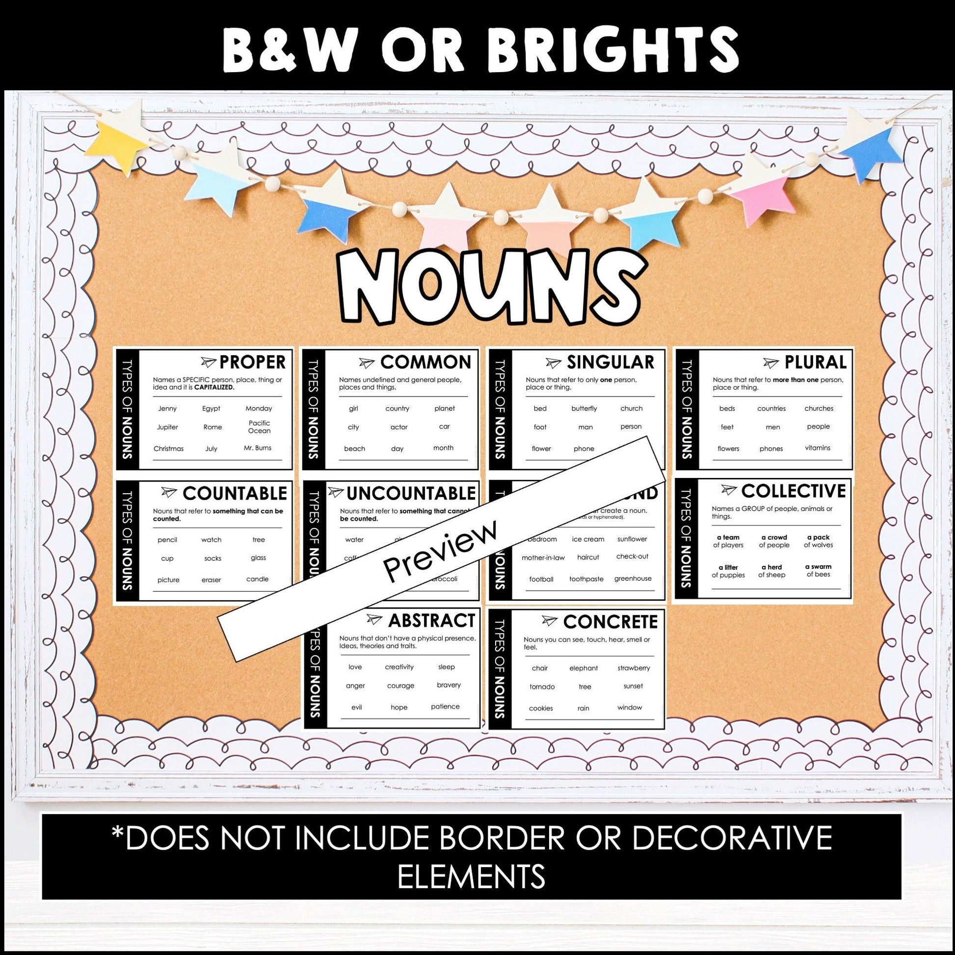 ESL Grammar Posters: Nouns - Noun Types Bulletin Board (Brights) - Hot Chocolate Teachables