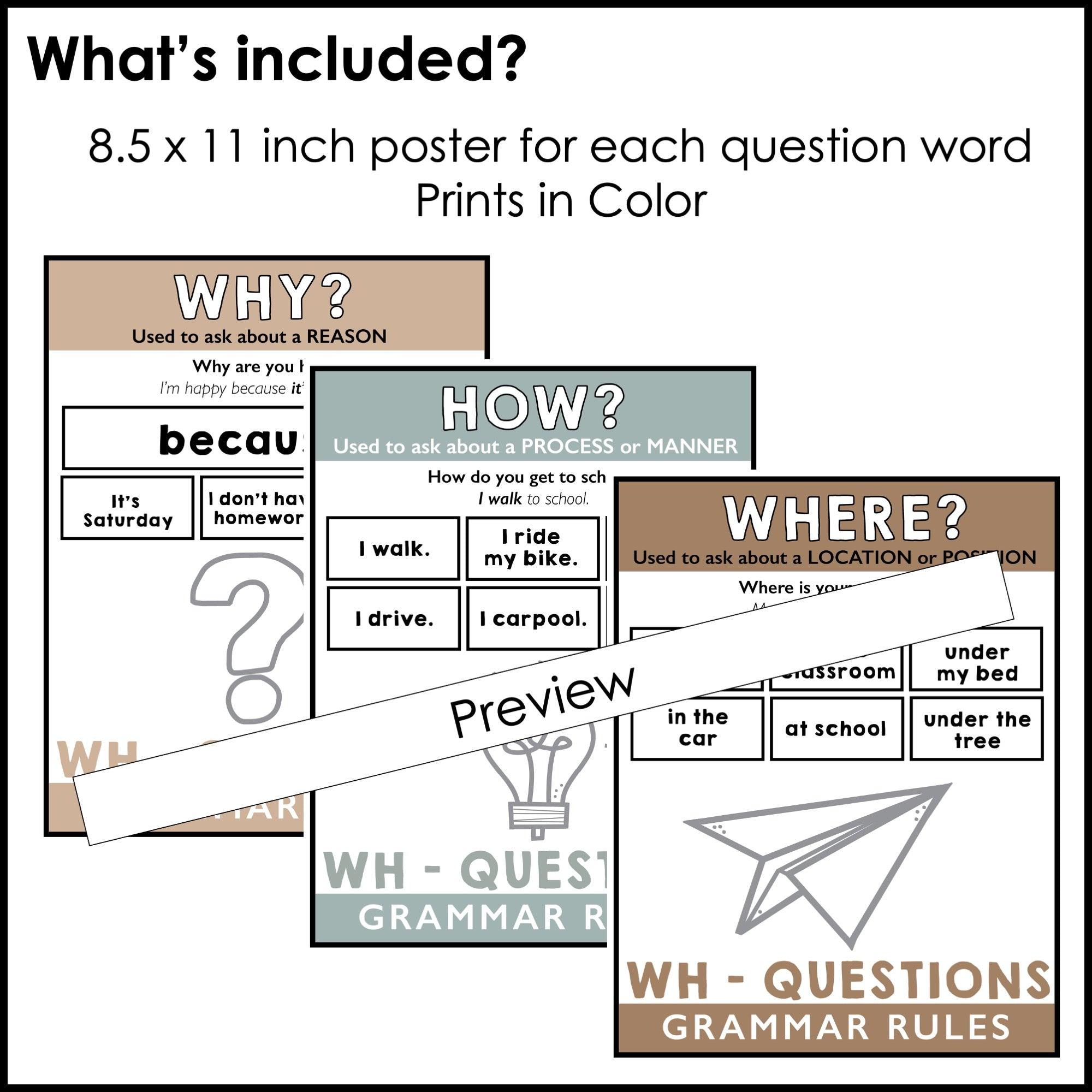 ESL Grammar Posters: Wh-Questions What, When, Where, Why, Who, How BOHO Neutrals - Hot Chocolate Teachables