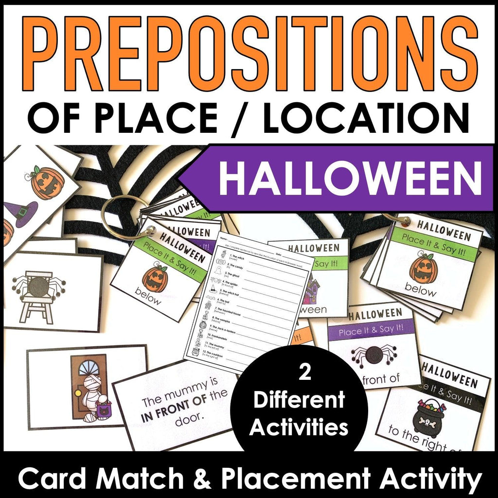 ESL Halloween Prepositions of Place Card Match Activity & Placement Game - Hot Chocolate Teachables