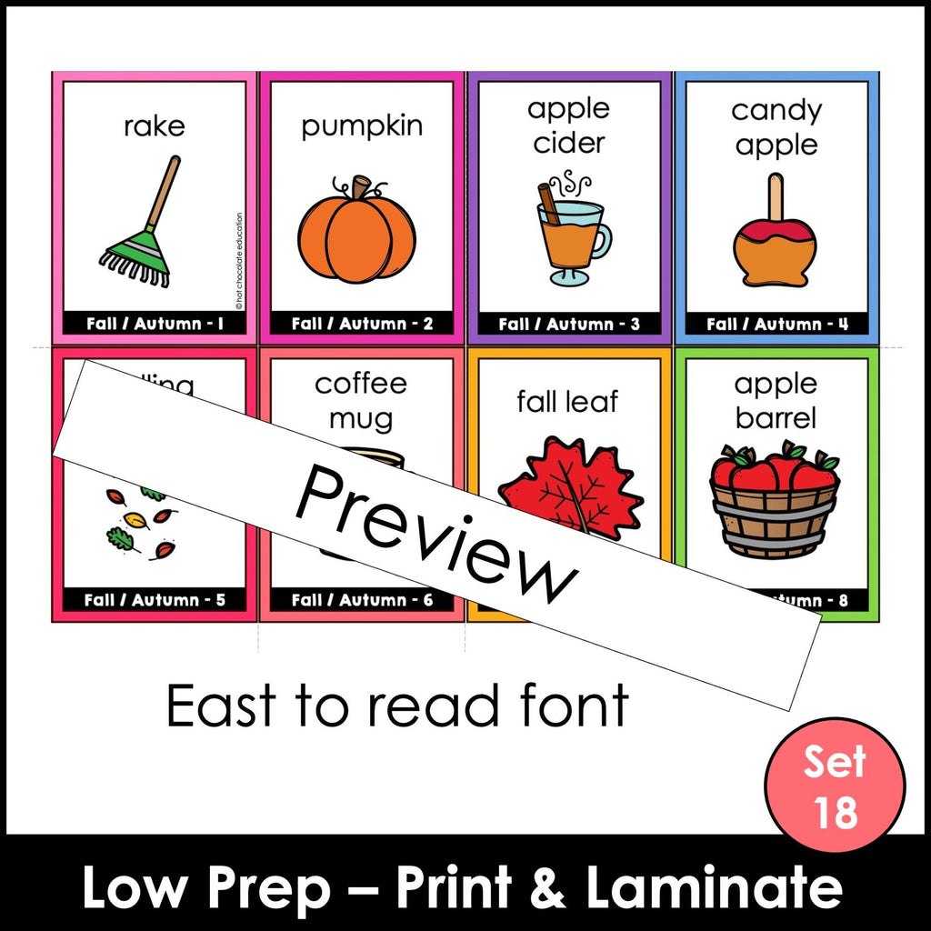 Fall / Autumn Vocabulary Flashcards : ESL task cards - Flash Cards - Hot Chocolate Teachables