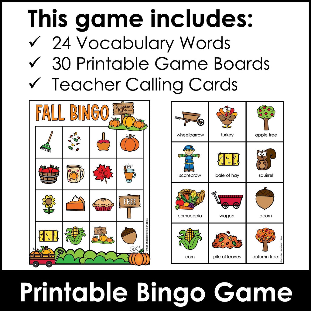 Fall Vocabulary Bingo Game | Autumn Words - Activity for Young Learners - Hot Chocolate Teachables