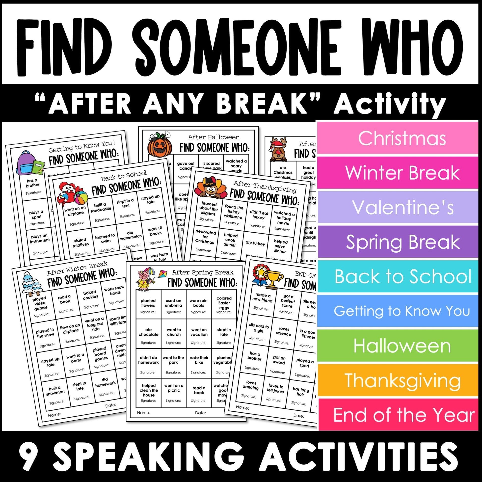 Find Someone Who - ESL Speaking Activities for After ANY Break - Hot Chocolate Teachables