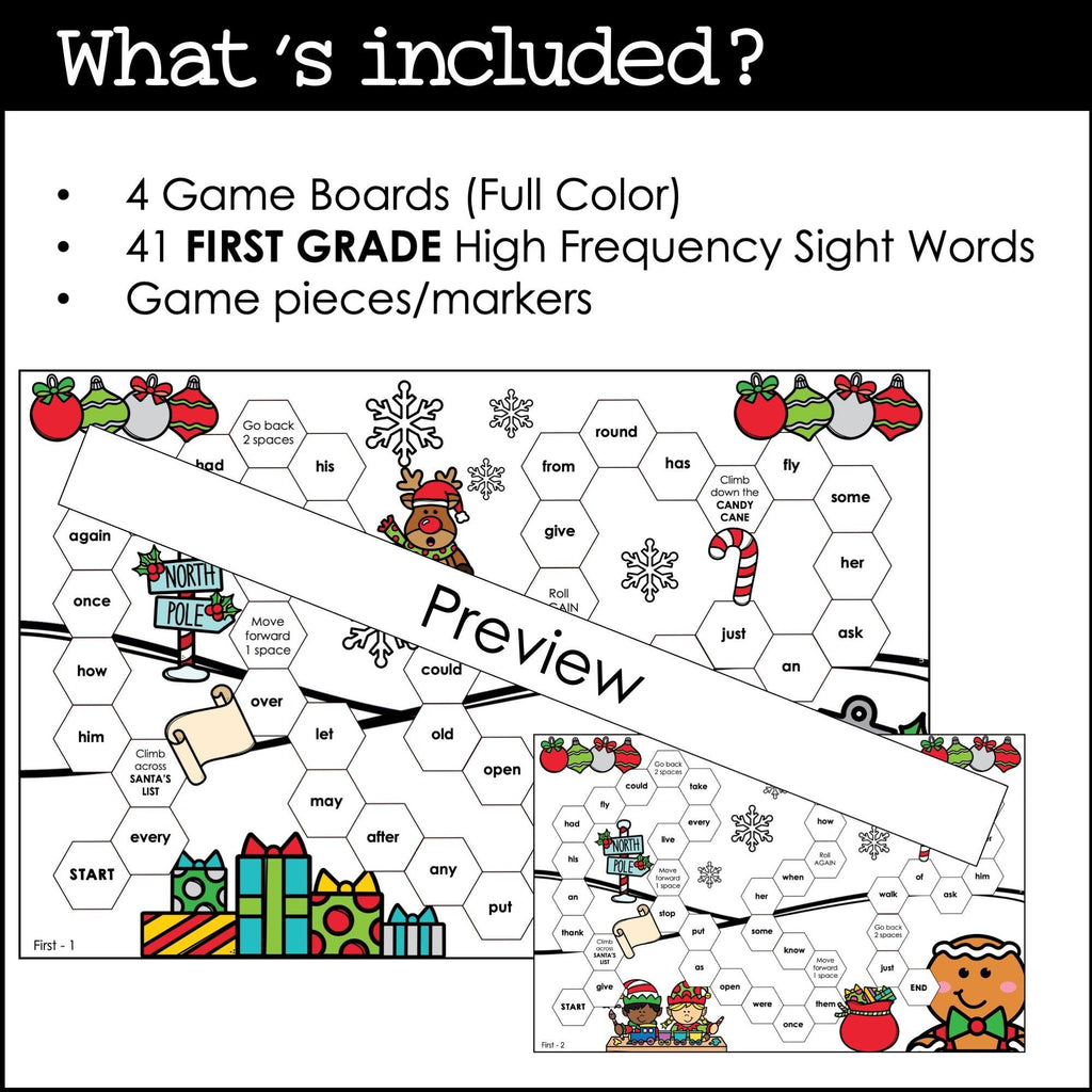 FIRST GRADE Sight Word Board Games for CHRISTMAS - Dolch Aligned Words - Hot Chocolate Teachables