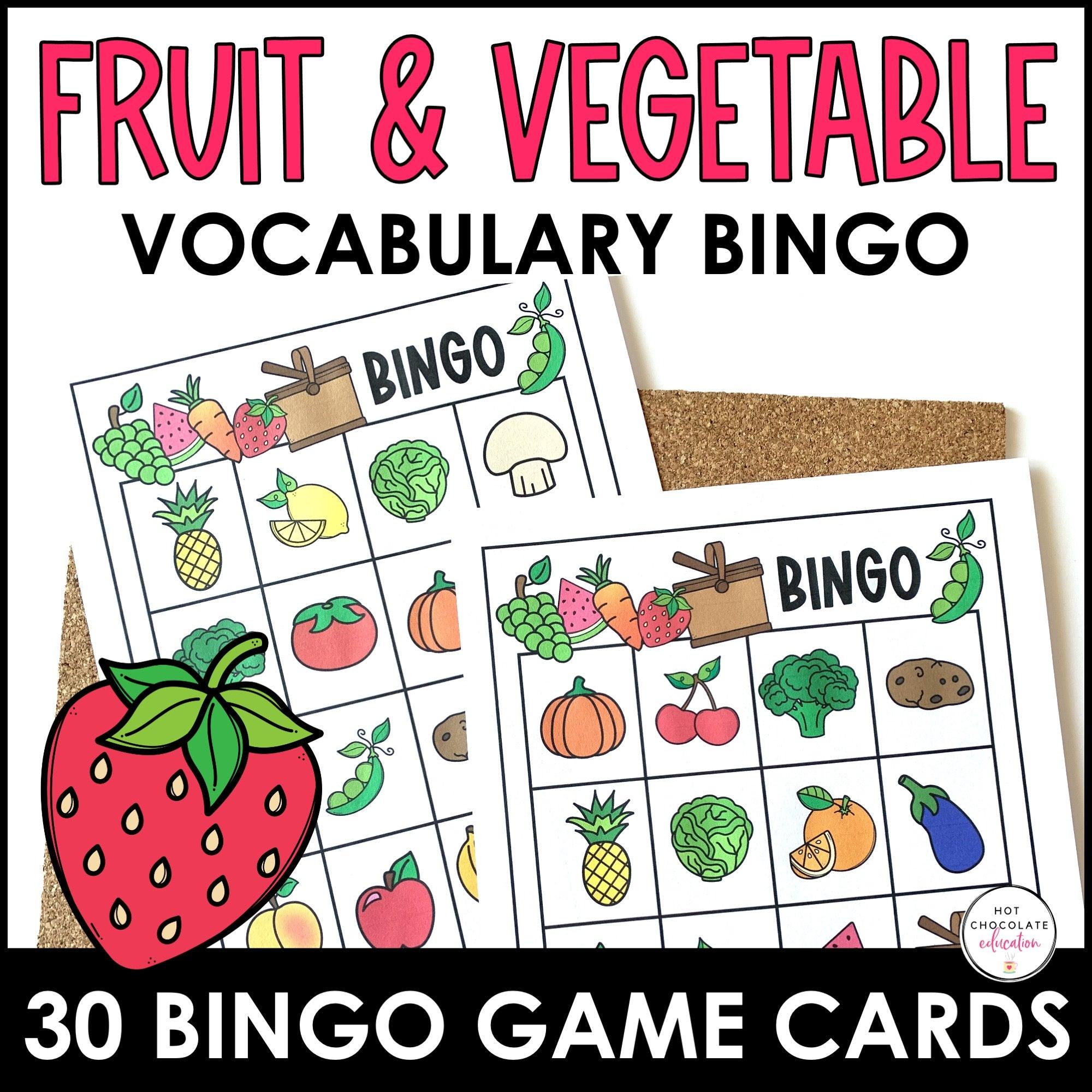 Fruit & Vegetable Vocabulary Bingo Game | ESL Activity - Hot Chocolate Teachables