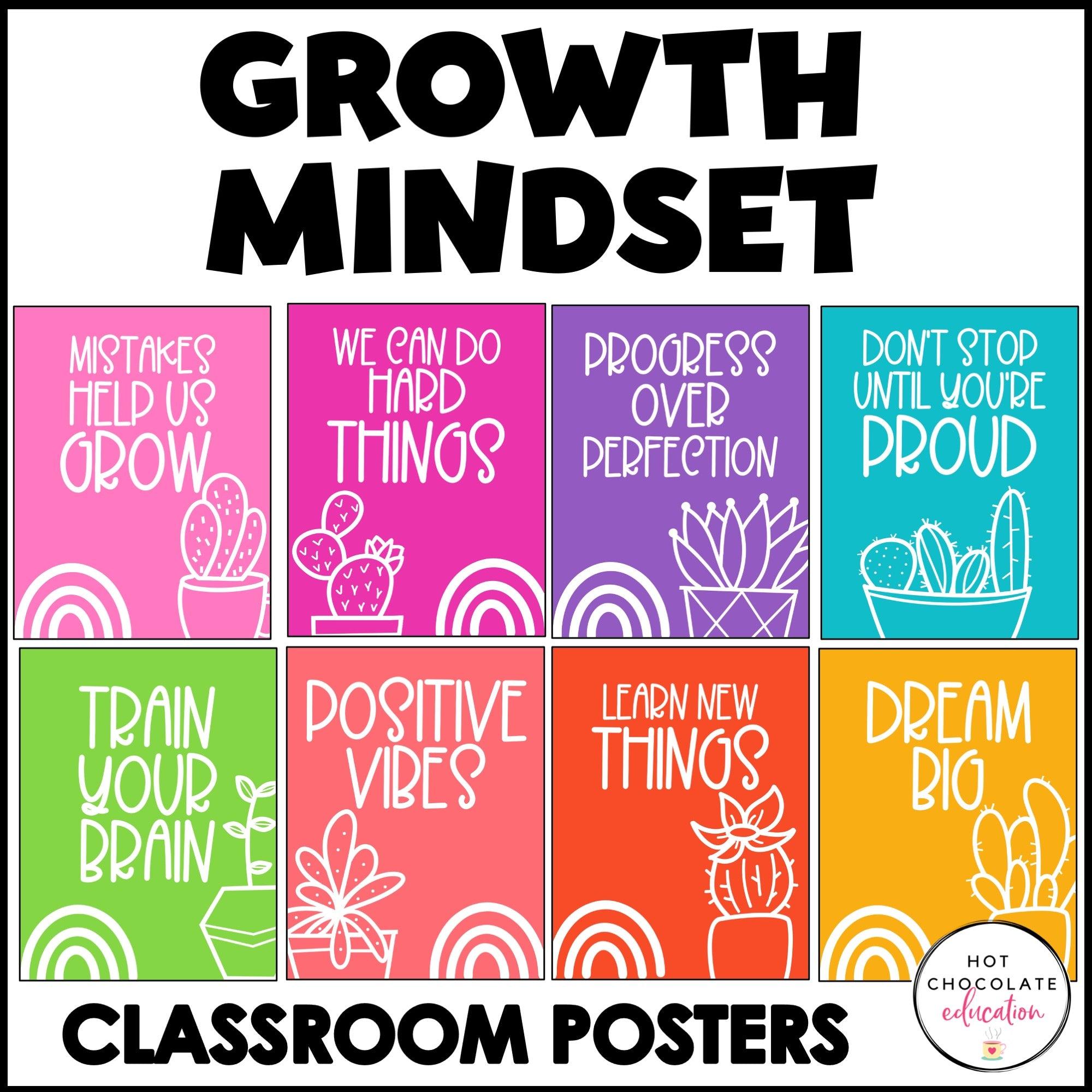 Growth Mindset Posters: Classroom Decor Quotes - Cactus Rainbow Colors - Hot Chocolate Teachables