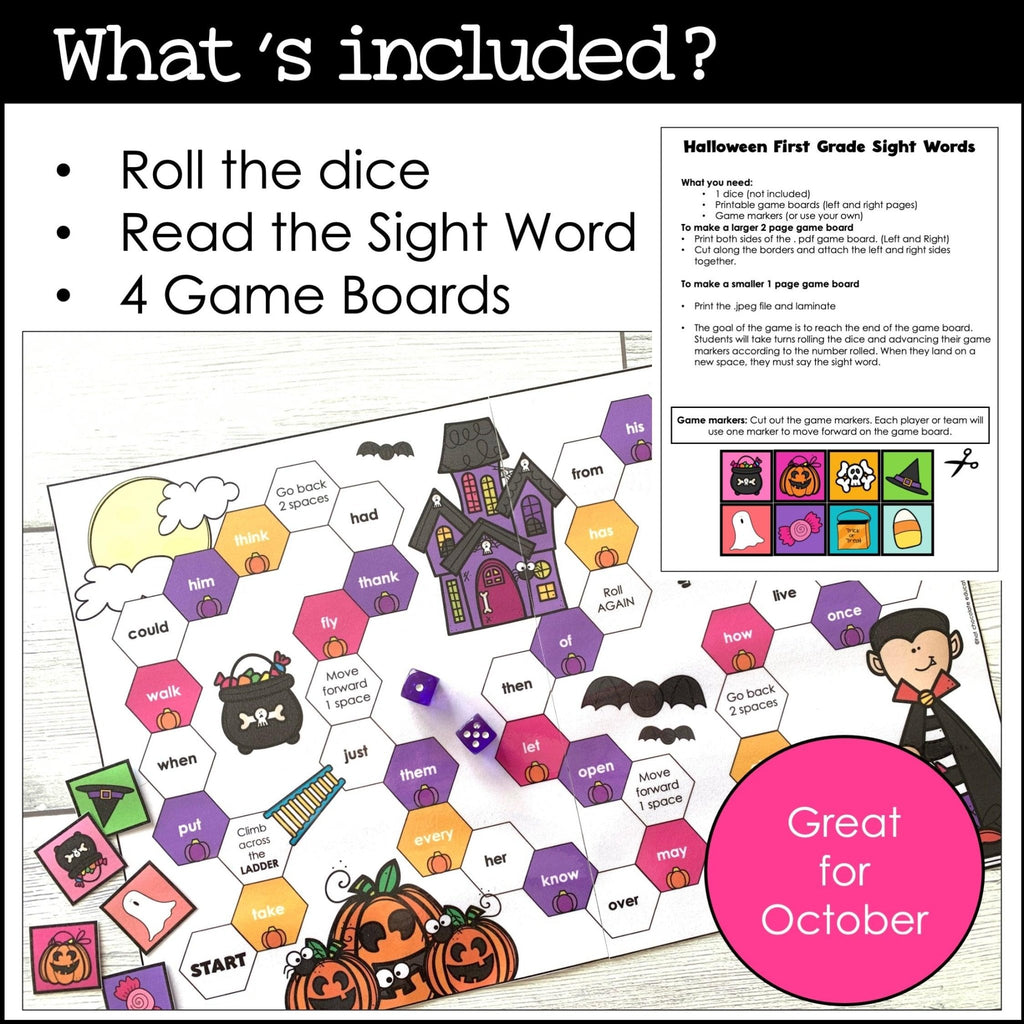 Halloween First Grade Sight Word Game Boards : Dolch List Roll & Read - Hot Chocolate Teachables