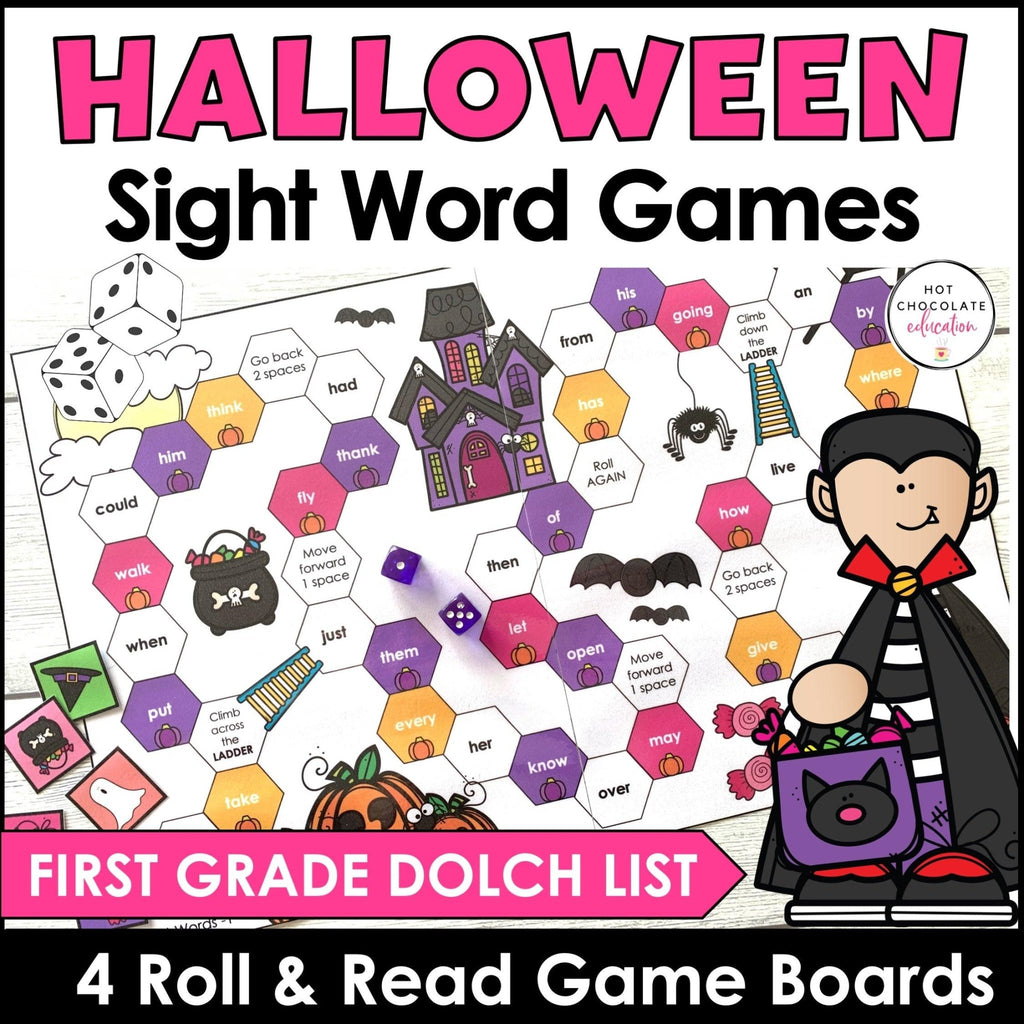 Halloween First Grade Sight Word Game Boards : Dolch List Roll & Read - Hot Chocolate Teachables