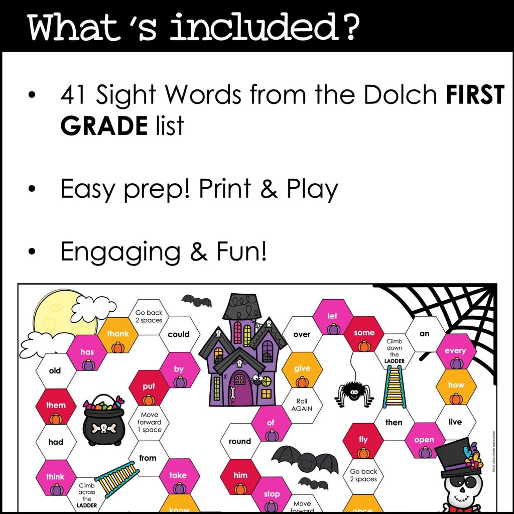 Halloween First Grade Sight Word Game Boards : Dolch List Roll & Read - Hot Chocolate Teachables