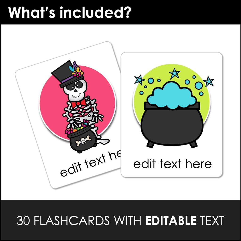 Halloween Flashcards ESL Vocabulary Flash cards for Kids -Editable Text - Hot Chocolate Teachables