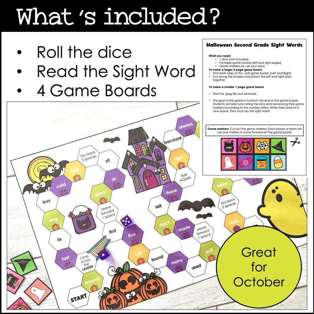 Halloween Second Grade Sight Word Game Boards : 2nd Grade List Roll & Read - Hot Chocolate Teachables