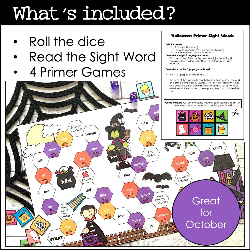 Halloween Sight Word Game Boards : Dolch Pre-Primer & Primer List - Hot Chocolate Teachables