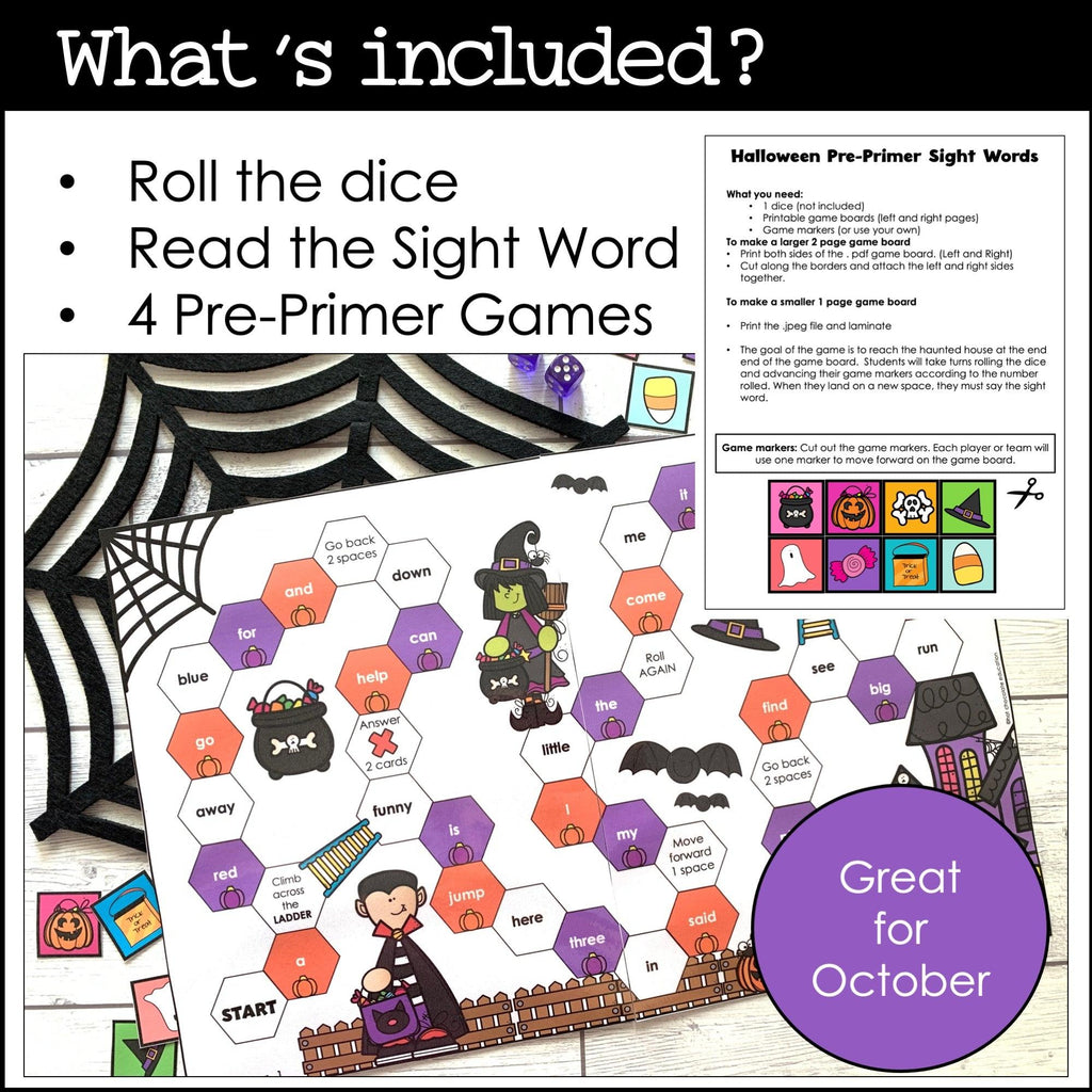 Halloween Sight Word Game Boards : Dolch Pre-Primer & Primer List - Hot Chocolate Teachables