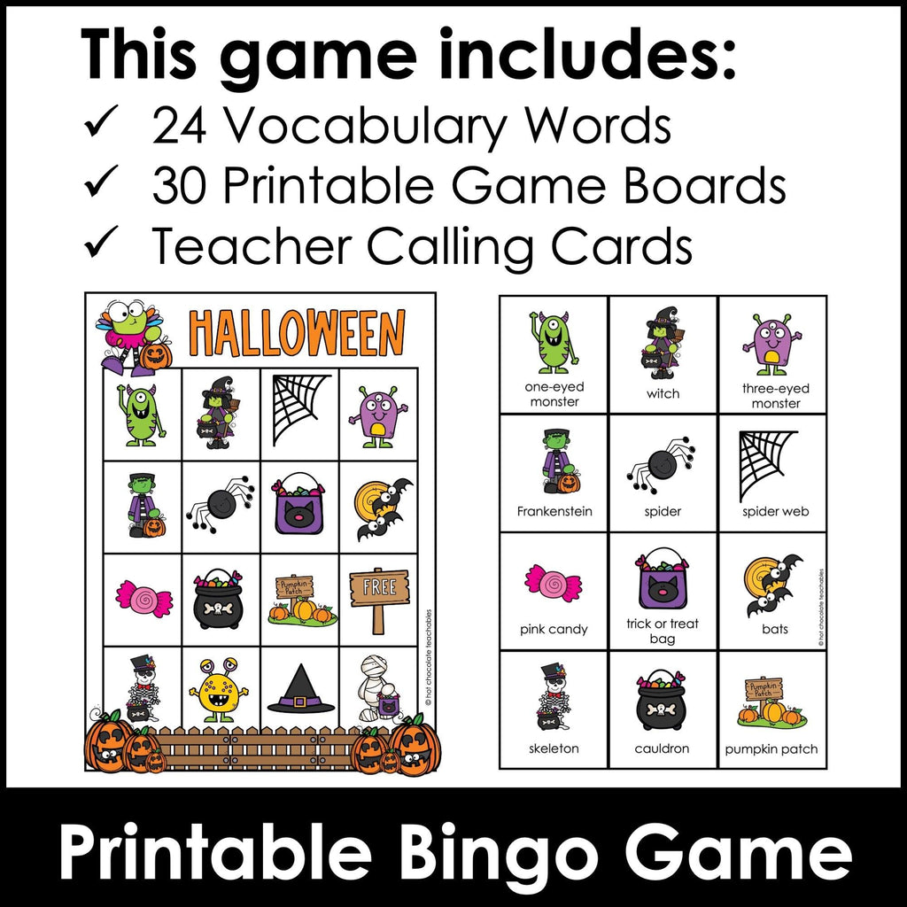 Halloween Vocabulary Bingo Game | October Words - Activity for Young Learners - Hot Chocolate Teachables