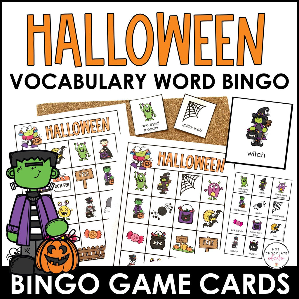 Halloween Vocabulary Bingo Game - with Printable & Digital Google Slides Version - Hot Chocolate Teachables