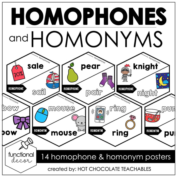 Homophones & Homonyms Posters | Vocabulary Word Meanings & Spelling - Hot Chocolate Teachables