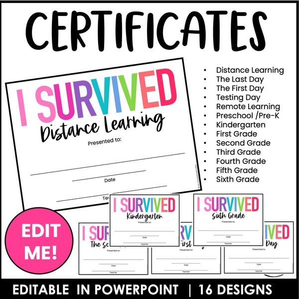 I SURVIVED -Editable End of the School Year Certificates - Awards for all Grades - Hot Chocolate Teachables