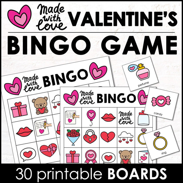Made with love Valentine's Day Bingo Game - Vocabulary Building February Bingo Cards - Hot Chocolate Teachables