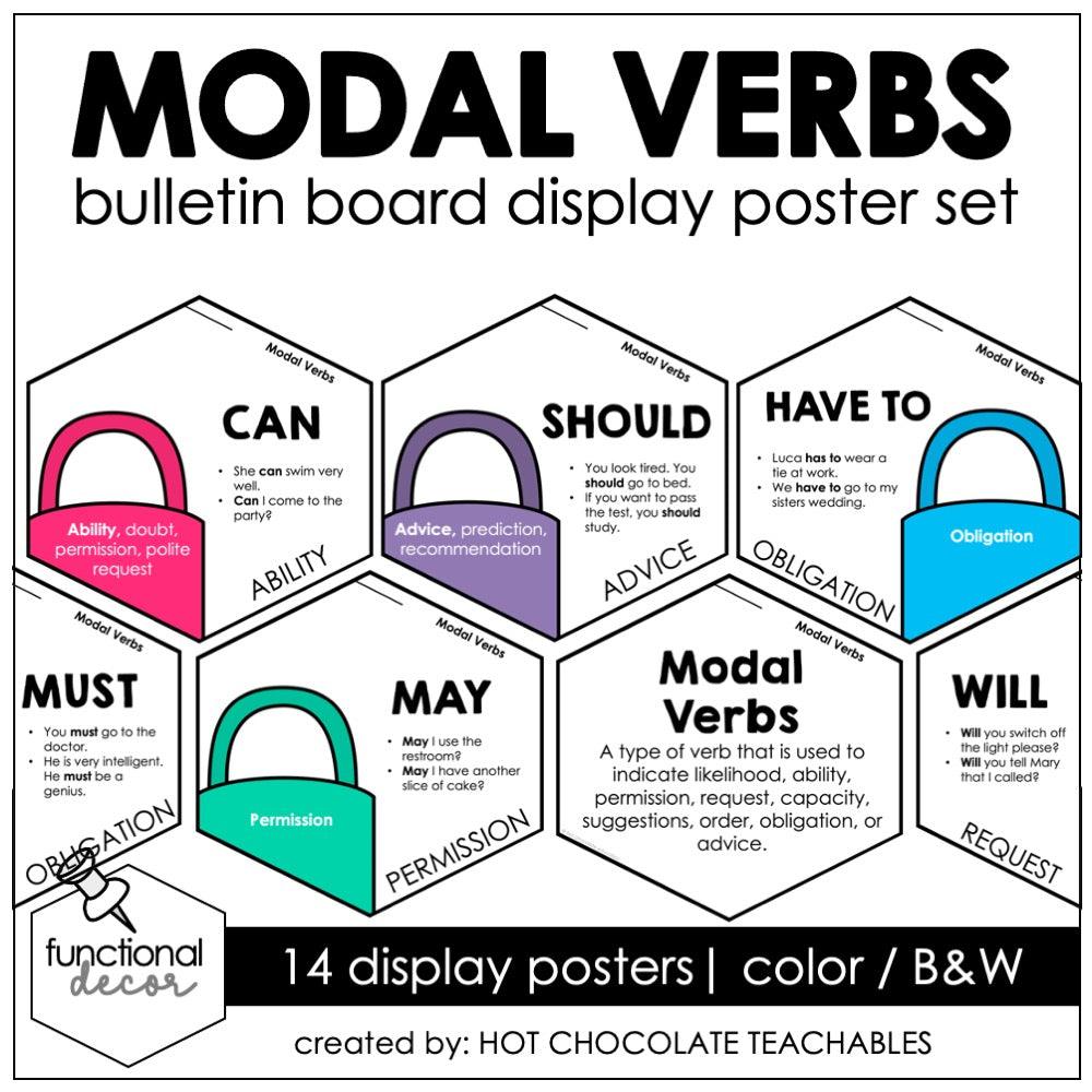 Modal Verbs Posters | ESL Bulletin Board Display - Word Wall - Visual Aids - Hot Chocolate Teachables