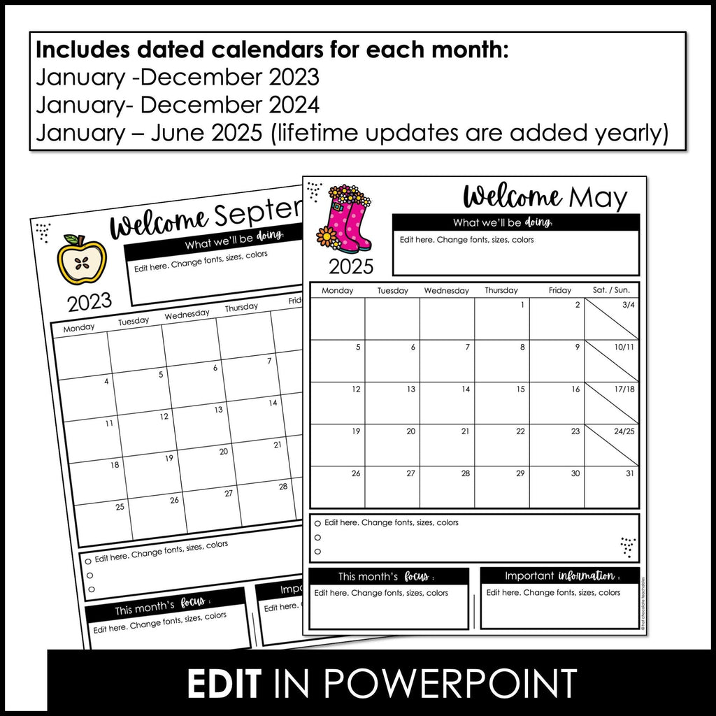 Monthly Calendar Template Pages - Editable in PowerPoint (with Yearly Updates) - Hot Chocolate Teachables