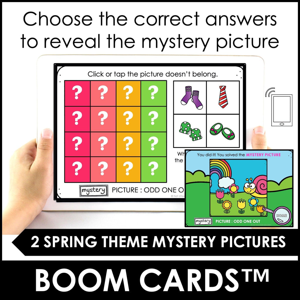 ODD ONE OUT | Which picture doesn't belong? Spring Mystery Picture BOOM CARDS™ - Hot Chocolate Teachables