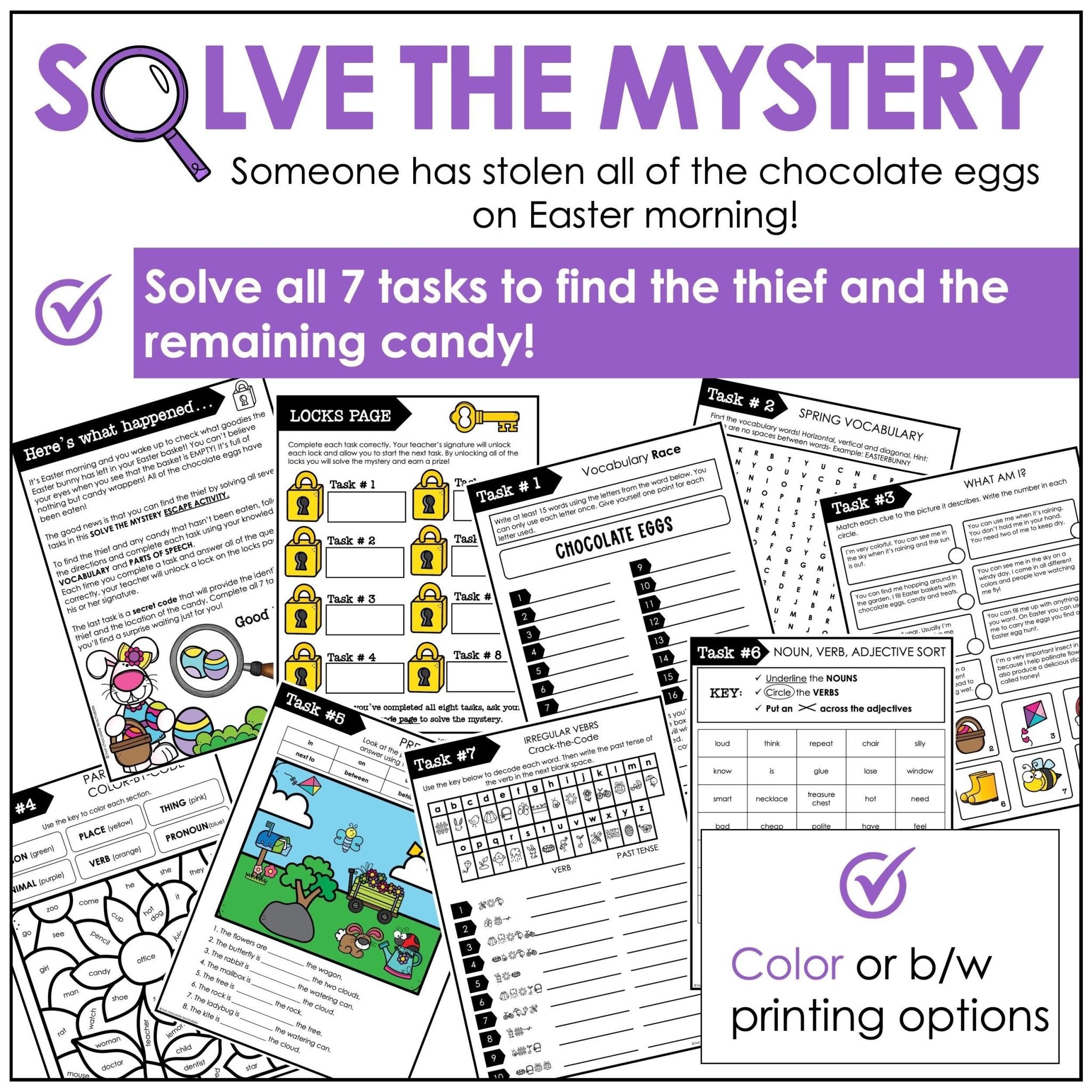 Parts of Speech - Easter / Spring Escape Room - Solve the Mystery Activity - Hot Chocolate Teachables