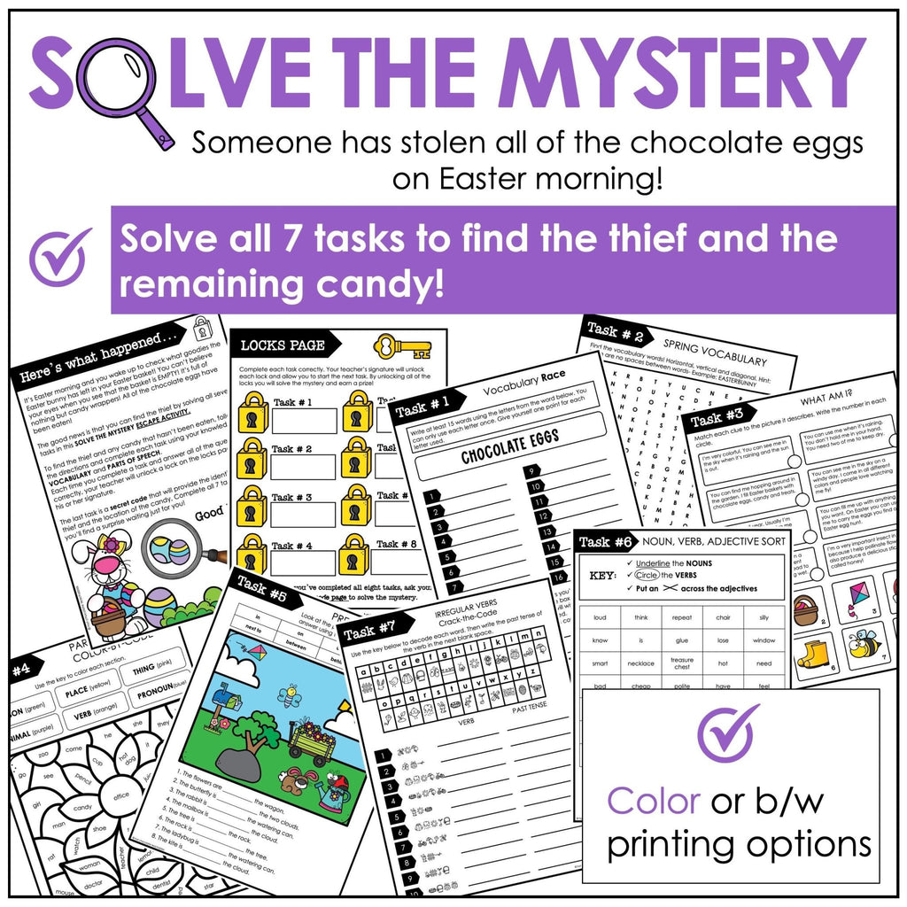 Parts of Speech - Easter / Spring Escape Room - Solve the Mystery Activity - Hot Chocolate Teachables