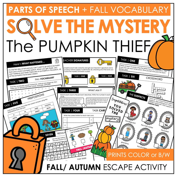 Parts of Speech - Fall Vocabulary - Escape Room - Solve the Mystery Activity - Hot Chocolate Teachables