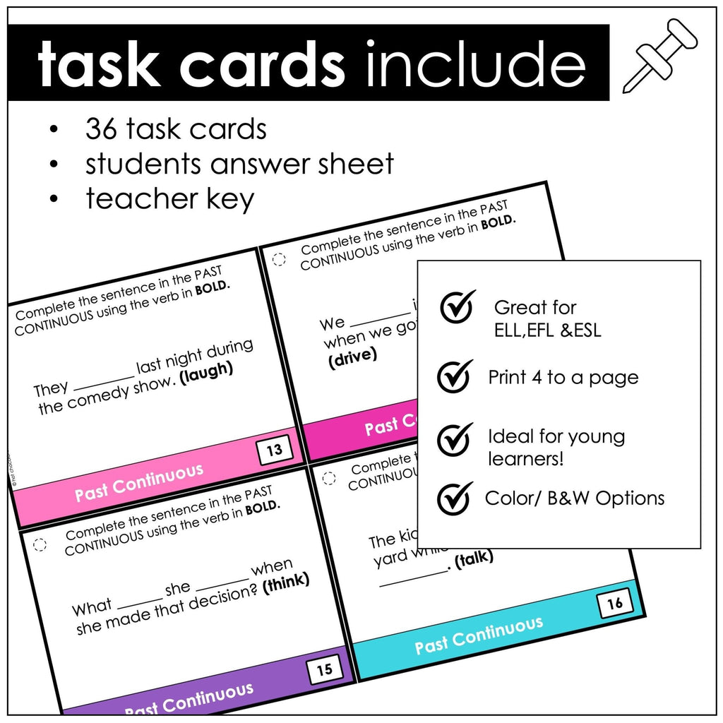 Past Continuous Verb Tense Grammar Task Cards for ESL - Past Actions - Hot Chocolate Teachables