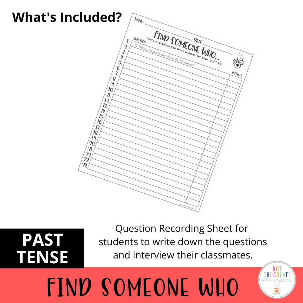Past Simple: Find Someone Who - Christmas Theme Speaking Activity - Hot Chocolate Teachables