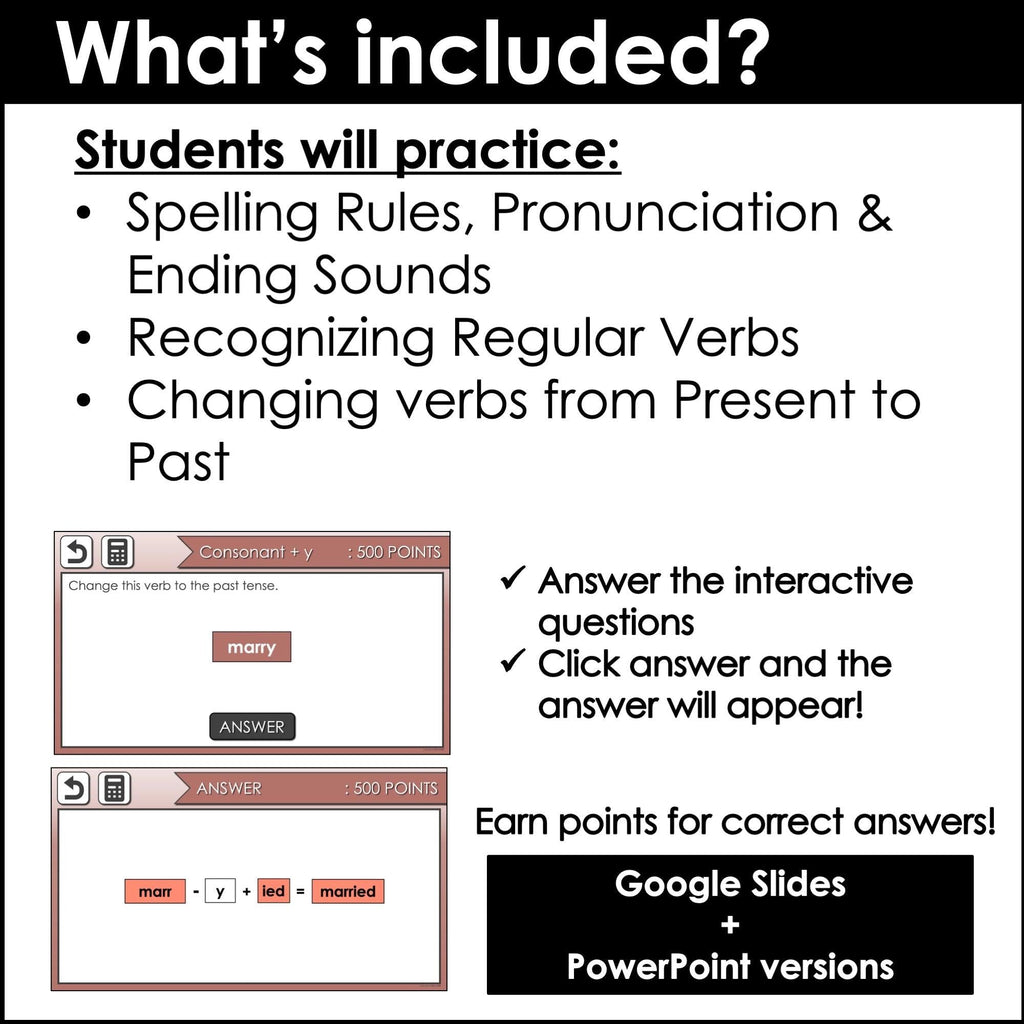 Past Tense Verb Review - Regular Verbs Game Show | PowerPoint + Google Slides - Hot Chocolate Teachables