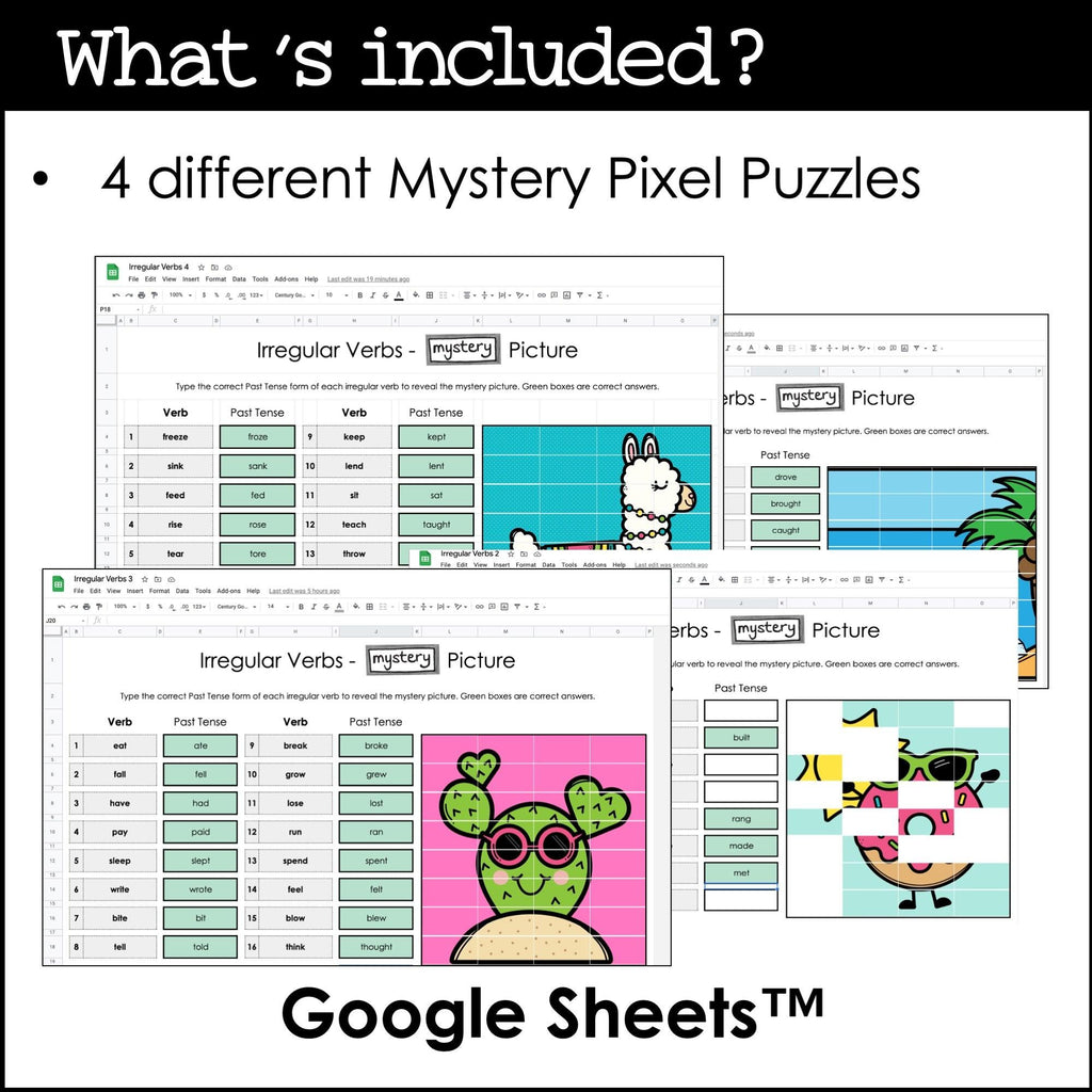 Past Tense Verbs - Irregular Verb Digital Mystery Pixel Puzzle | Google Sheets™ - Hot Chocolate Teachables