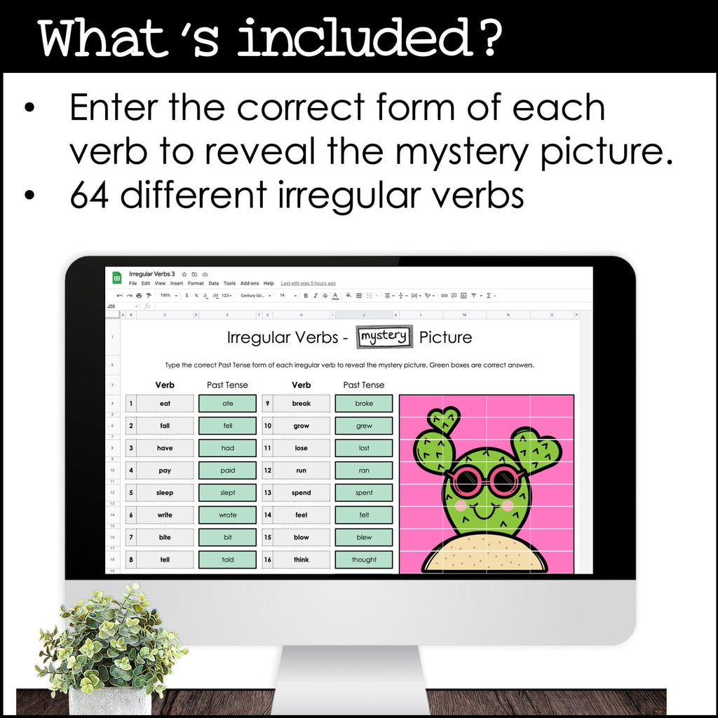 Past Tense Verbs - Irregular Verb Digital Mystery Pixel Puzzle | Google Sheets™ - Hot Chocolate Teachables