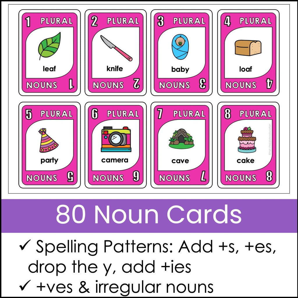 Plural Noun Endings card game -s, -es, -ies, and -ves and irregulars - Hot Chocolate Teachables