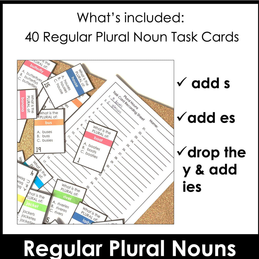 Plural Noun Task Cards | Spelling Patterns -s, -es, -ies endings - Hot Chocolate Teachables