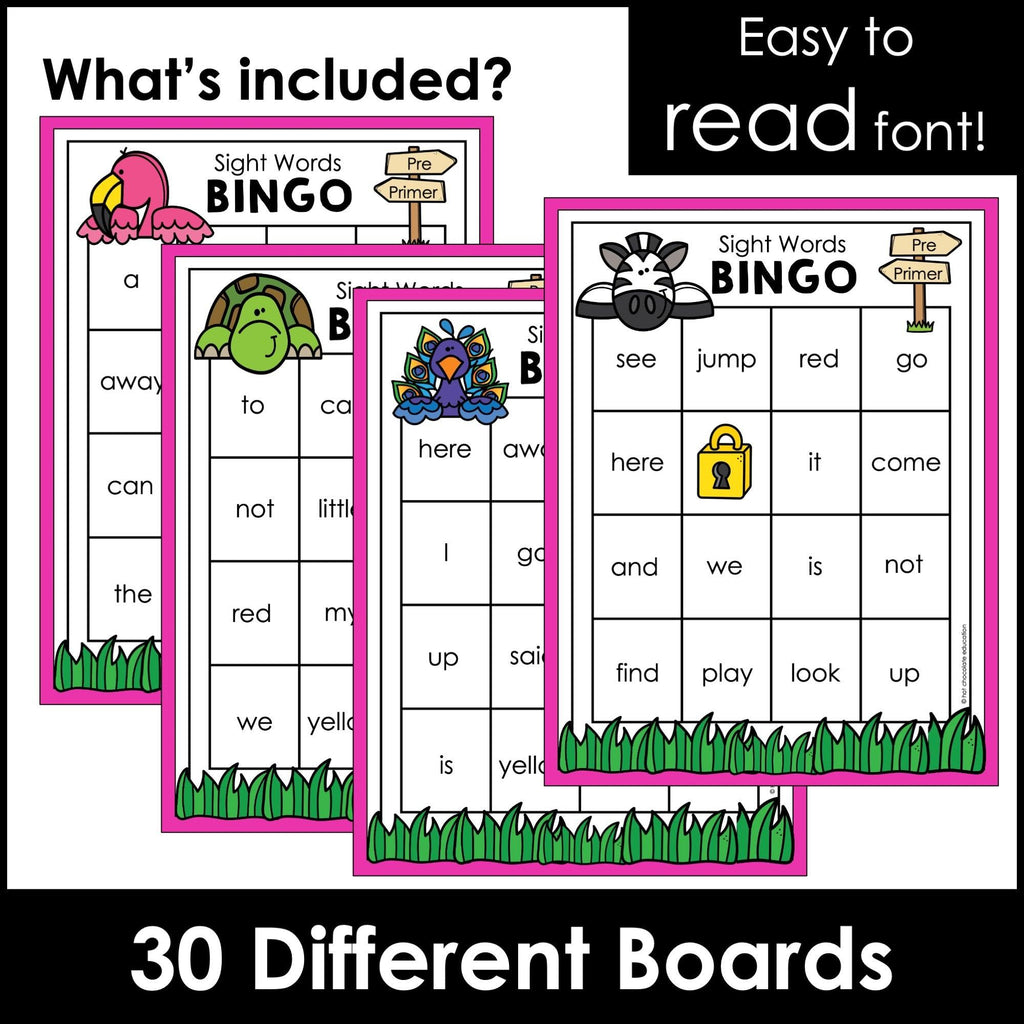 Pre-Primer Sight Word Bingo Game for Pre-K and Kindergarten - 30 Boards - Hot Chocolate Teachables