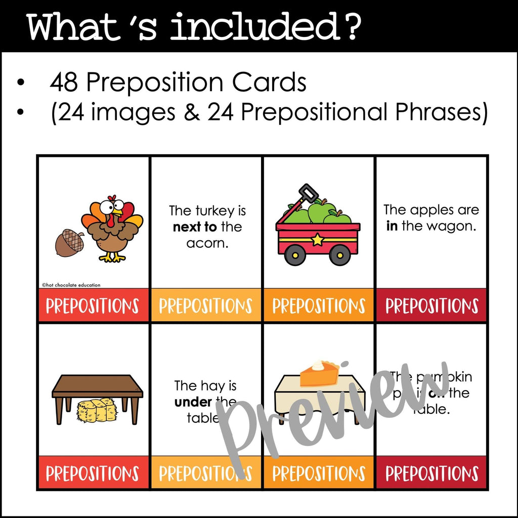 Prepositions of Place Matching Cards: Fall / Autumn Prepositional Phrase Match - Hot Chocolate Teachables