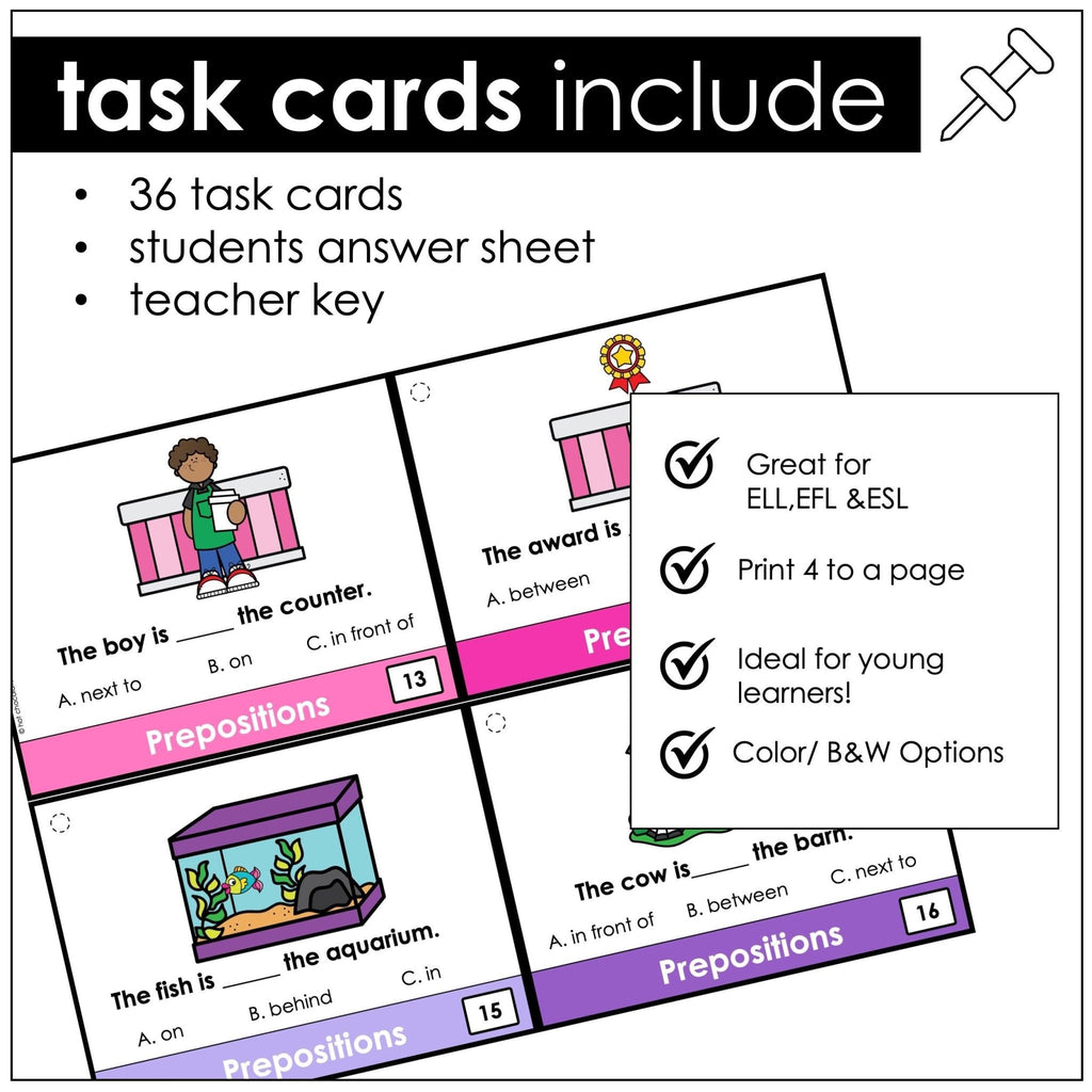 Prepositions of Place Task Cards - in, on, under, next to, between, in front of - Hot Chocolate Teachables