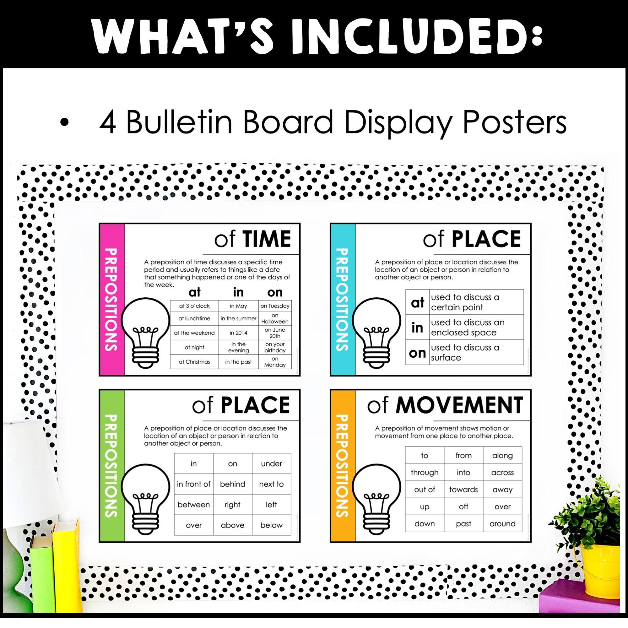 Prepositions of Time - Place - Movement | Classroom Poster Set - Bright Colors - Hot Chocolate Teachables
