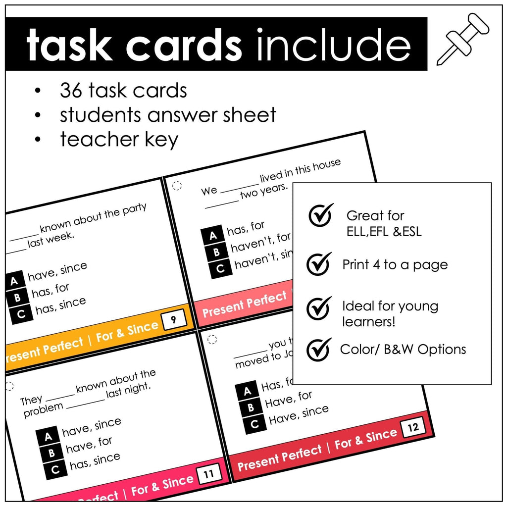 Present Perfect with FOR and SINCE | Grammar Task Cards - Hot Chocolate Teachables