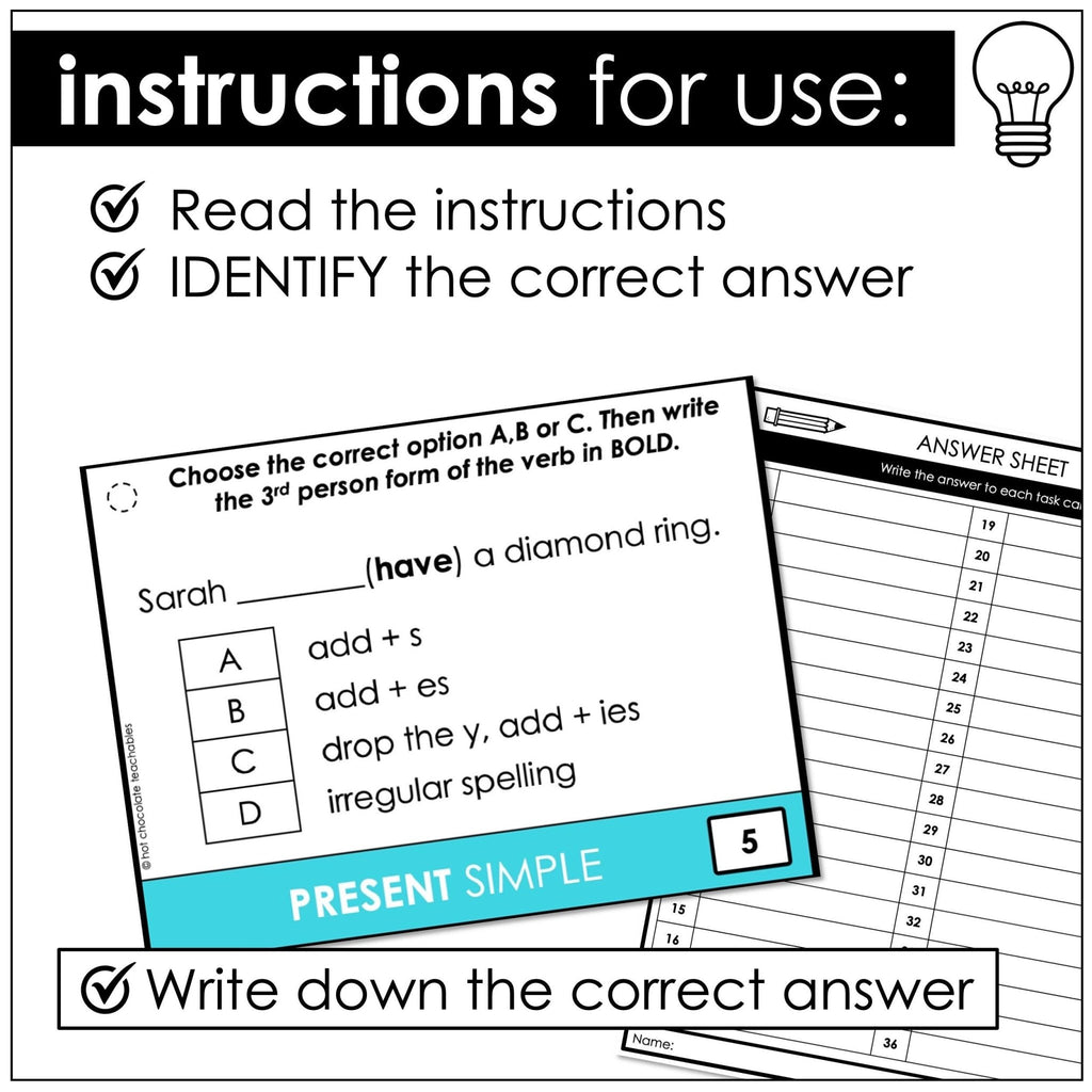 Present Simple Verb Spelling Rules - 3rd Person - HE, SHE, IT verb endings - Hot Chocolate Teachables