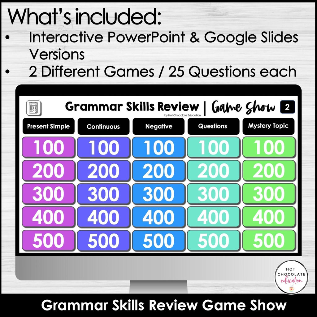 Present Tense Verb Review - Interactive Game Show PowerPoint + Google Slides - Hot Chocolate Teachables