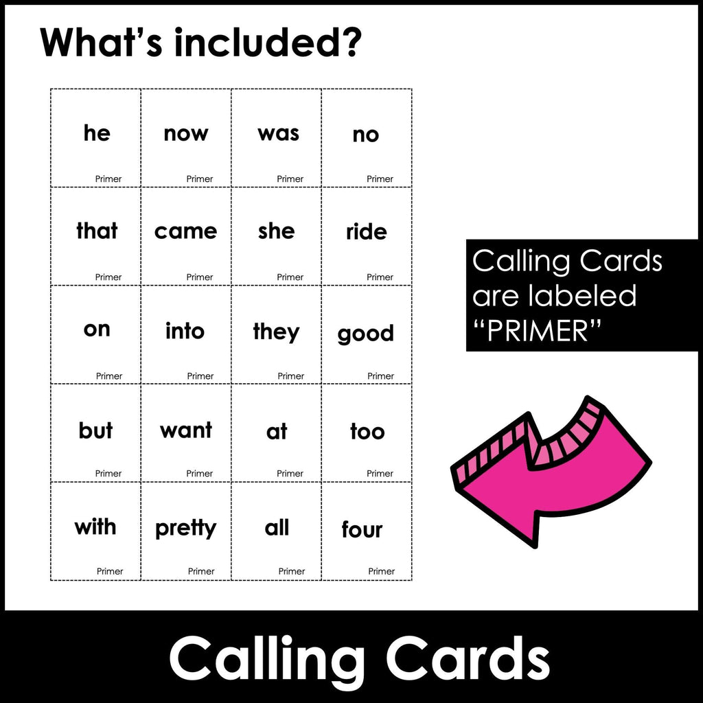 Primer Sight Word Bingo Game for Pre-K through 2nd - Dolch Aligned - Hot Chocolate Teachables