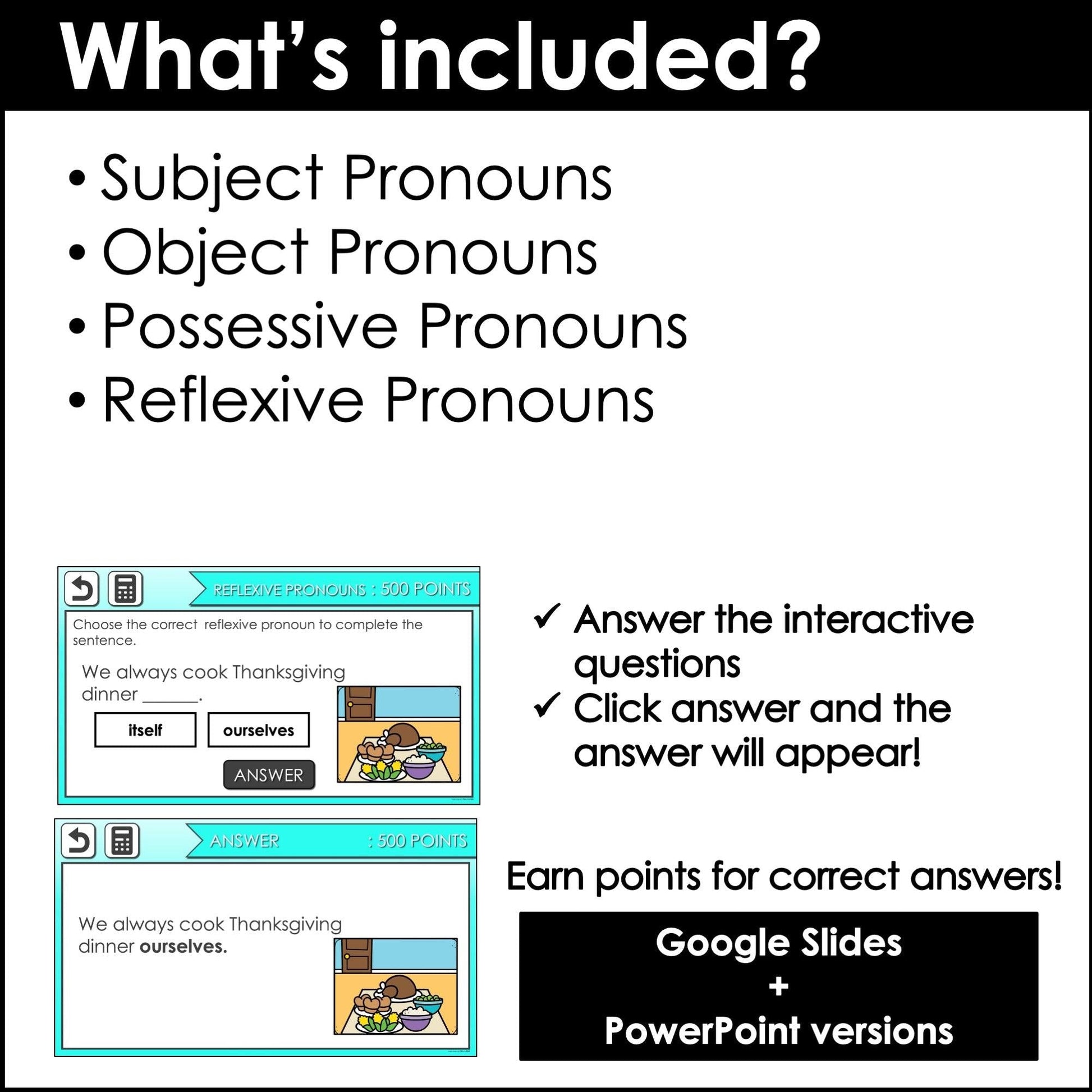 Pronoun Review Game Show - Subject, Object, Possessive, Reflexive - Hot Chocolate Teachables