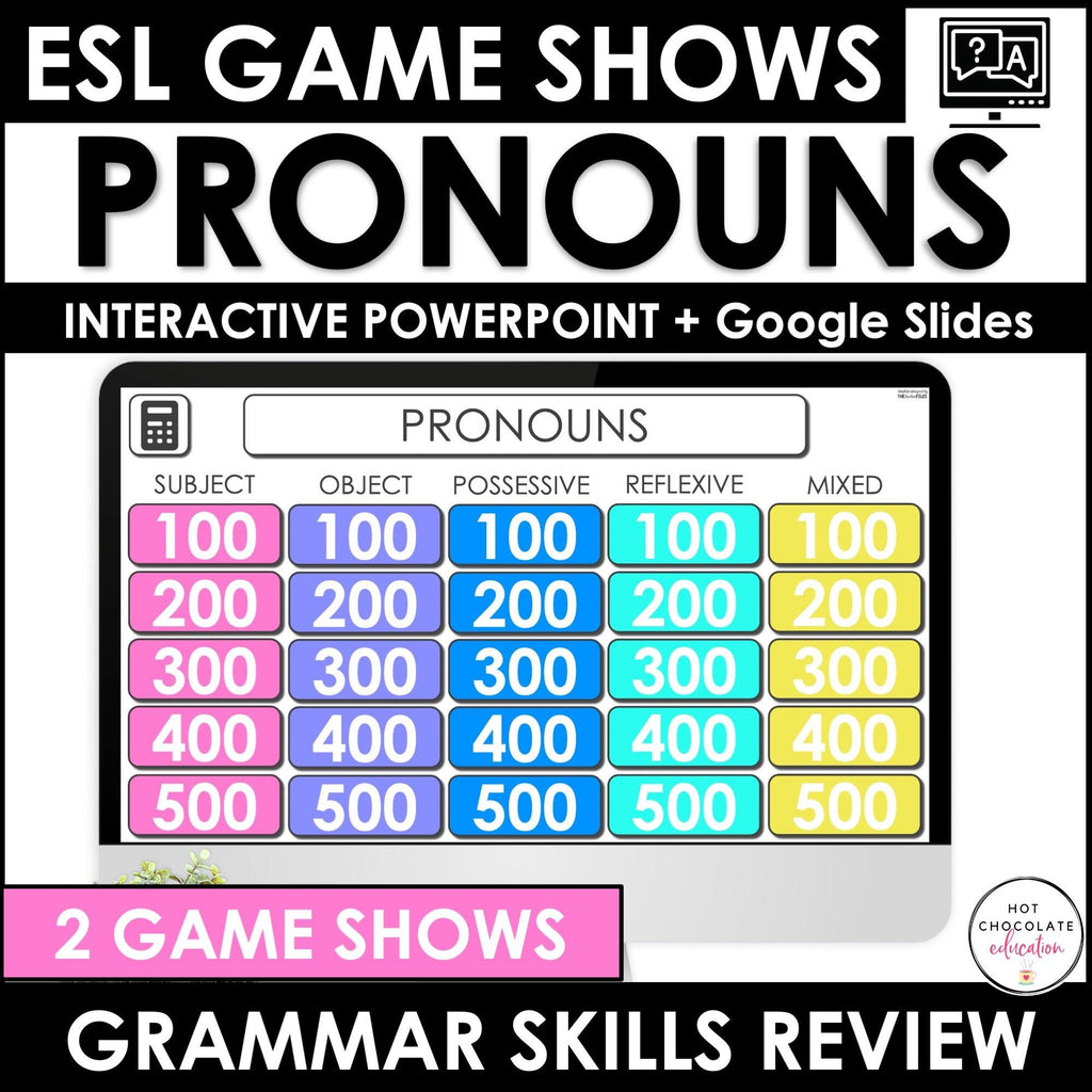 Pronoun Review Game Show - Subject, Object, Possessive, Reflexive - Hot Chocolate Teachables