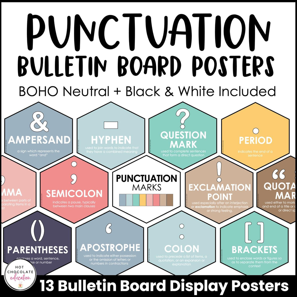 Punctuation Marks Posters: Visual Aid - Bulletin Board Classroom Decor - NEUTRAL - Hot Chocolate Teachables