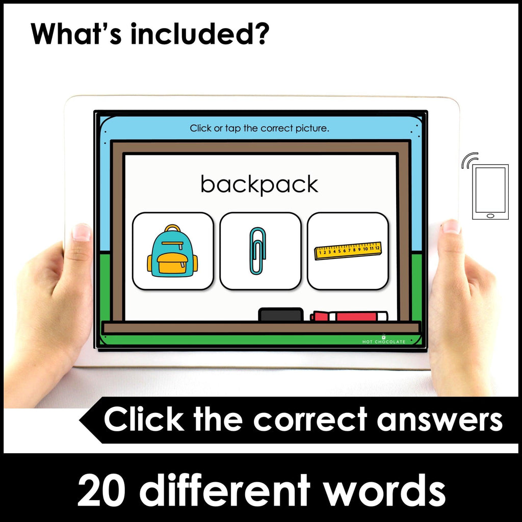 School and Classroom Basic Vocabulary Boom Cards - Hot Chocolate Teachables