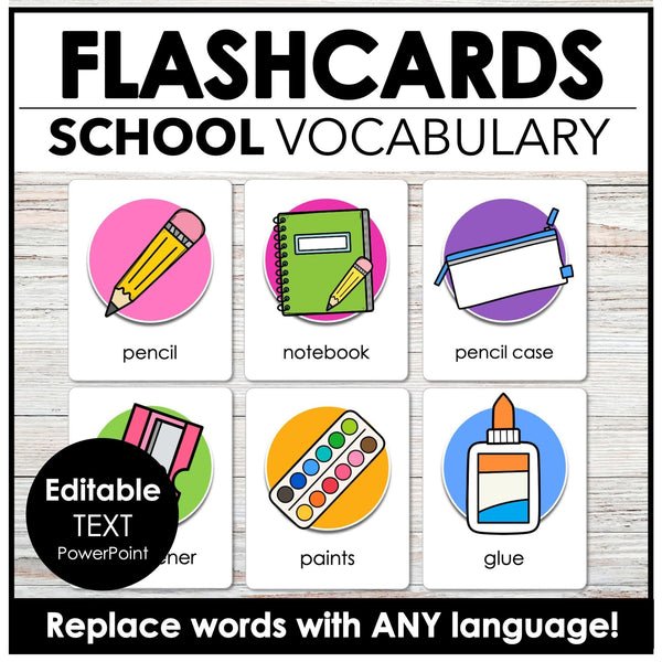 School & Classroom Vocabulary Word Flashcards with Editable Text - FLASH CARDS - Hot Chocolate Teachables