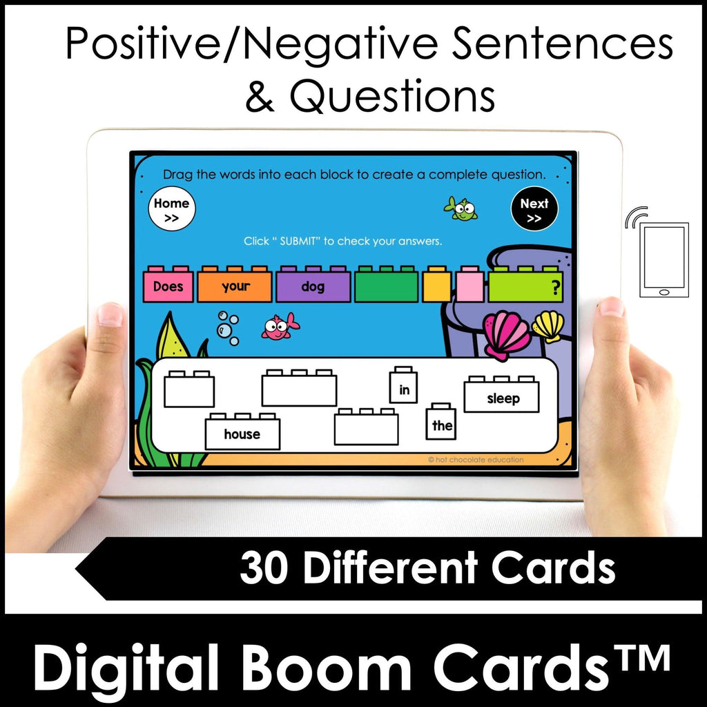 Sentence Building: Present Tense Verbs: Sentences & Questions - BOOM CARDS™ - Hot Chocolate Teachables