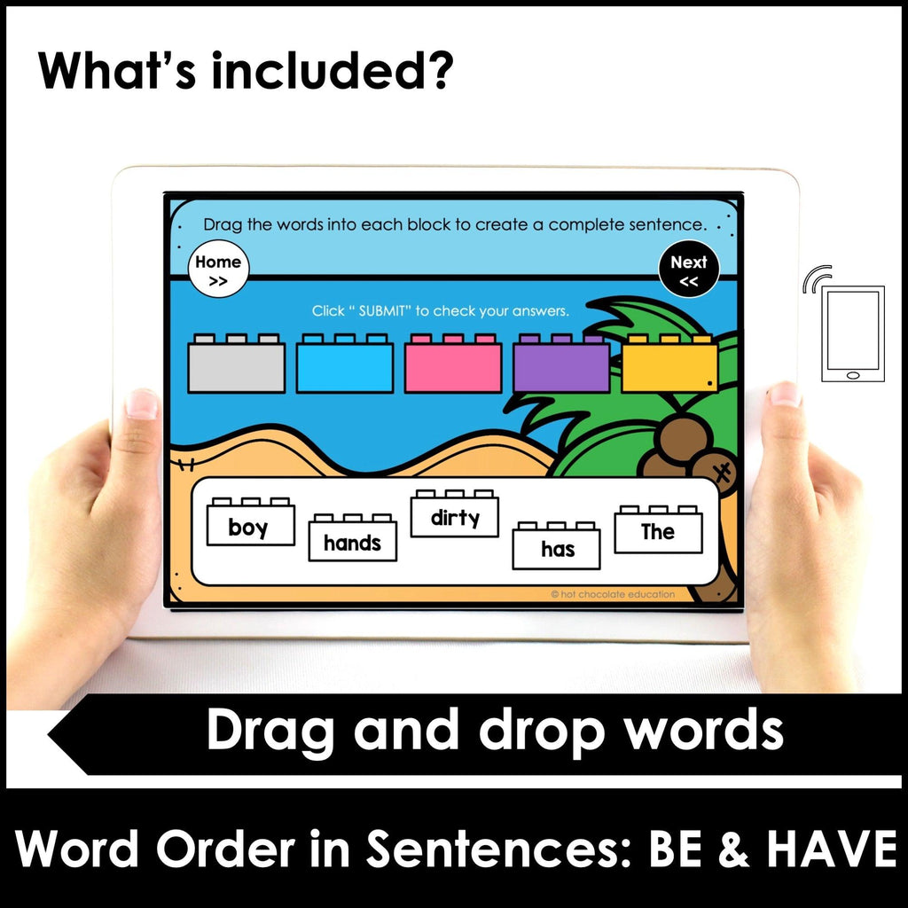 Sentence Building with verbs BE & HAVE - Present Tense - BOOM CARDS™ - Hot Chocolate Teachables