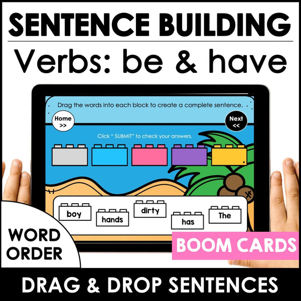 Sentence Building with verbs BE & HAVE - Present Tense - BOOM CARDS™ - Hot Chocolate Teachables